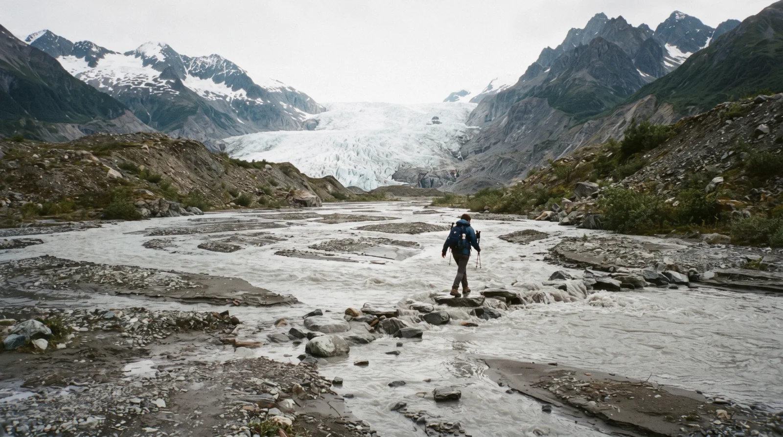 The Herbert Glacier face at the head of its braided outwash plain, seen from the gravel bars at the end of the Herbert Glacier Trail